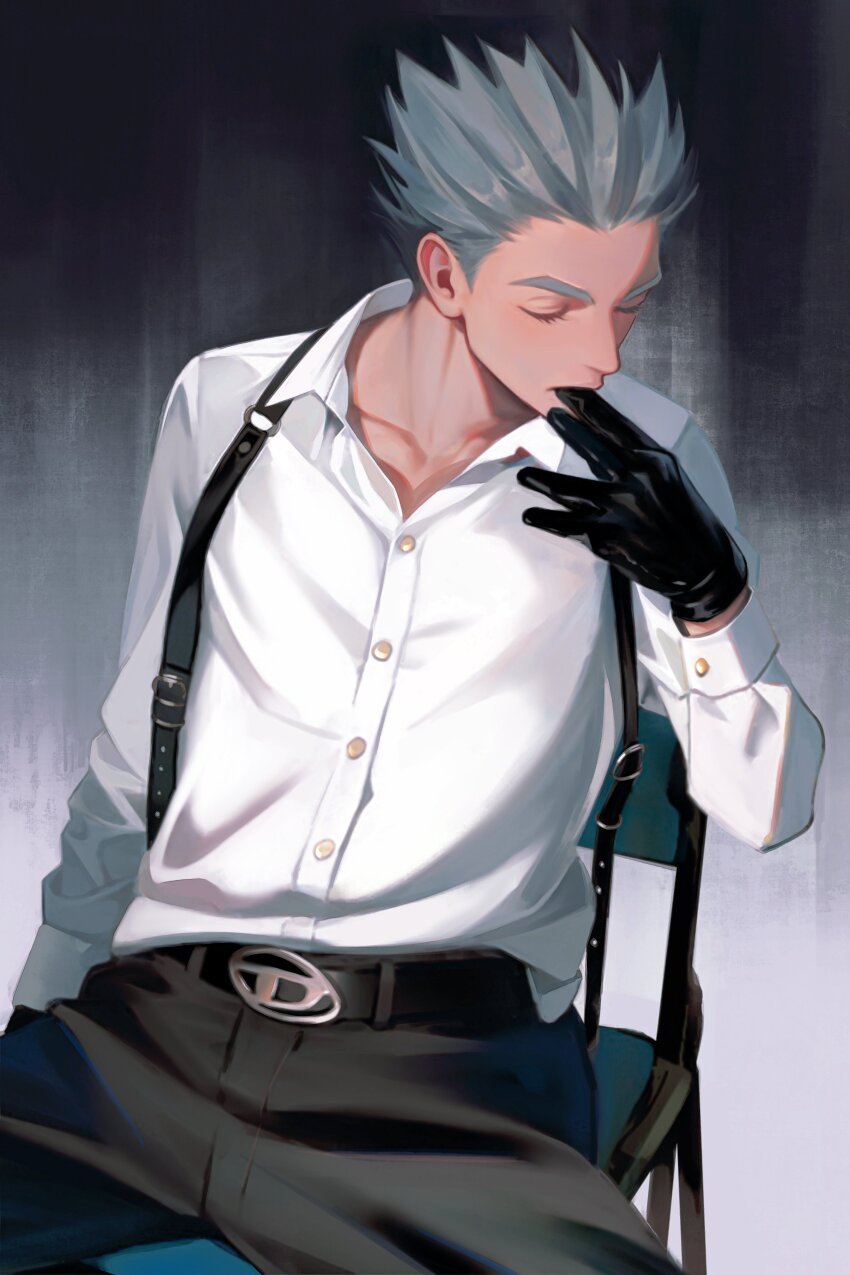 1boy absurdres arm_up belt belt_buckle black_belt black_gloves black_pants bokuto_koutarou buckle buttons chair closed_eyes closed_mouth collarbone collared_shirt commentary_request dress_shirt feet_out_of_frame glove_in_mouth gloves grey_hair haikyuu!! hair_slicked_back highres long_sleeves male_focus mouth_hold open_collar pants shirt shirt_tucked_in sideburns sitting sleeve_cuffs solo suspenders white_shirt zeva0326