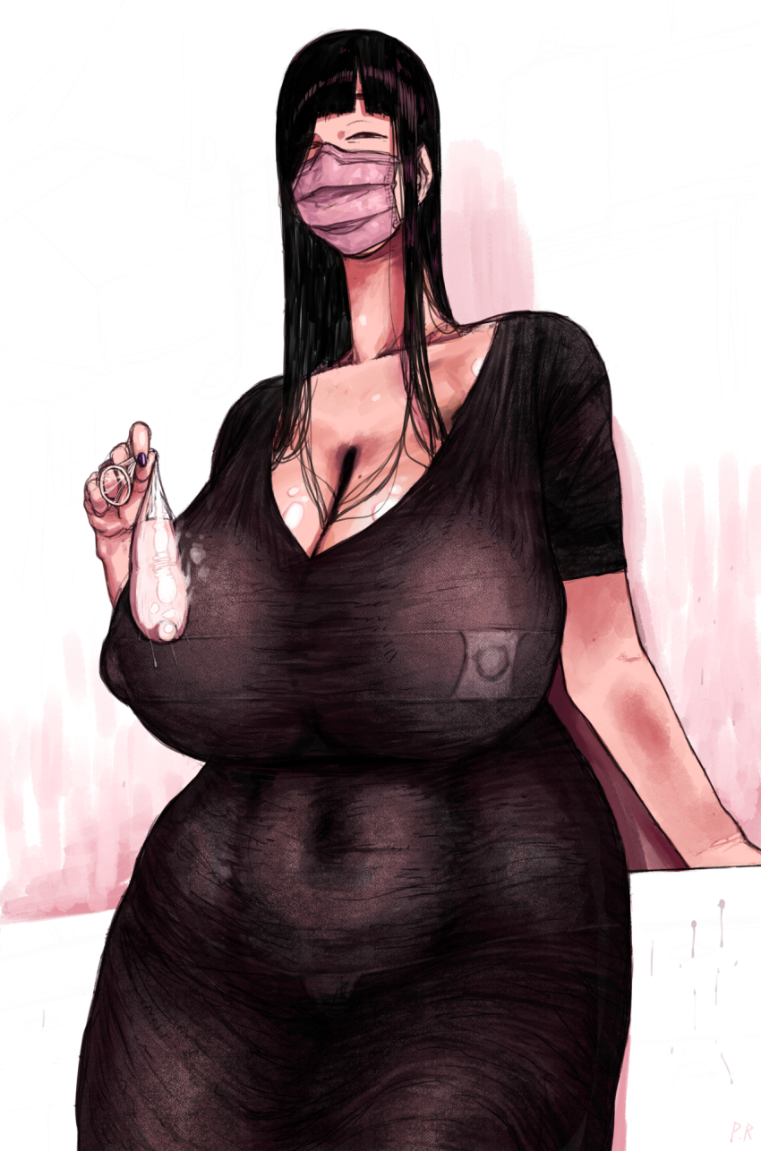 1girl bikini black_dress black_hair breasts cleavage condom cum dress eyepatch_bikini female_focus half-closed_eyes highres holding holding_condom huge_breasts long_hair looking_at_viewer mask mole mole_on_breast mouth_mask naughty_face navel original pasties pinku plump see-through_clothes shiny_skin solo standing swimsuit used_condom wide_hips