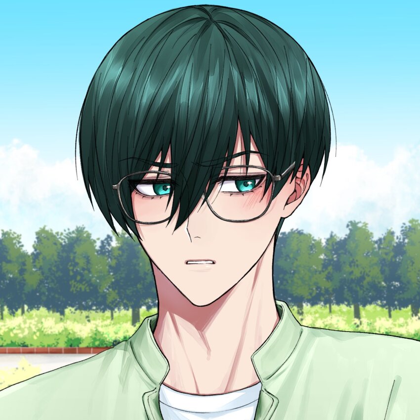 1boy aqua_eyes blue_lock blue_sky cloud glasses green_hair green_jacket hair_between_eyes highres itoshi_rin jacket light_blush lower_eyelashes_only male_focus outdoors parted_lips portrait shirt sky solo tree white_shirt zttin_sa