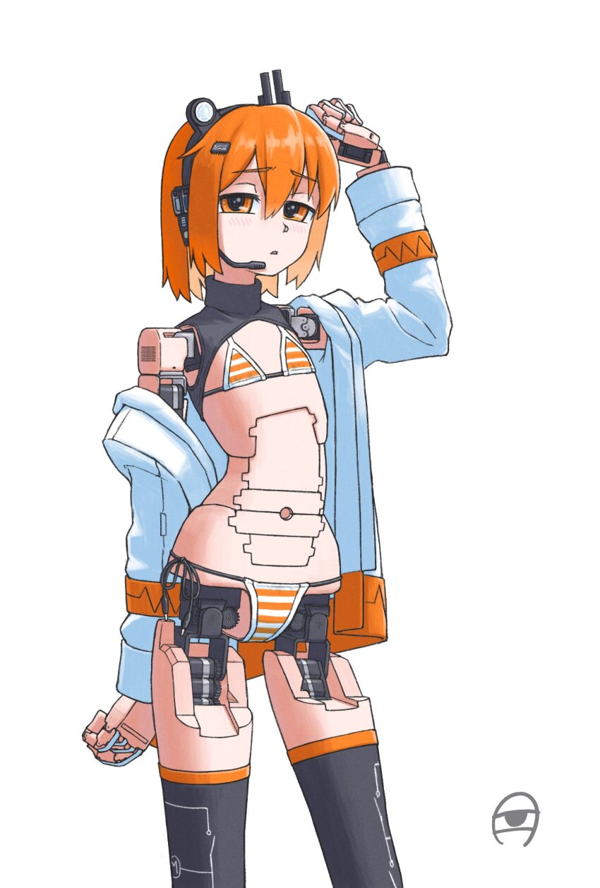 1girl a.i._voice adachi_rei android bikini black_thighhighs cable computer_chip cowboy_shot flat_chest gears hair_ornament half-closed_eyes hand_up hashtag-only_commentary headlamp headset highres jacket joints kanbaru_mitsuki lens_eye long_sleeves looking_at_viewer meme meme_attire miku_collar_bikini navel open_clothes open_jacket orange_bikini orange_eyes orange_hair orange_trim parted_lips radio_antenna robot_joints side-tie_bikini_bottom simple_background single_bare_shoulder single_off_shoulder solo standing string_bikini striped_bikini striped_clothes swimsuit thighhighs turtleneck utau white_background white_jacket