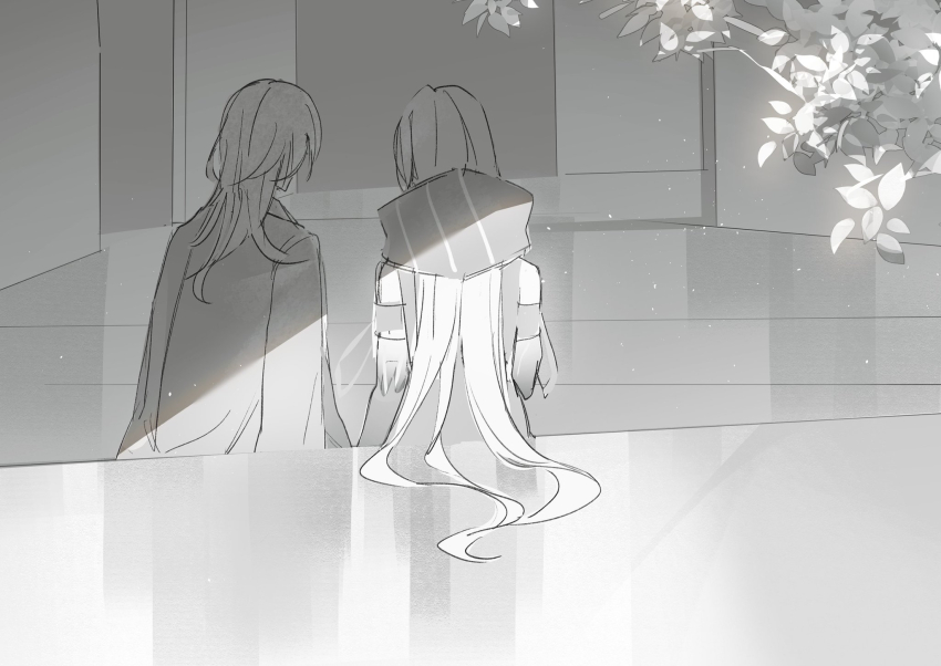 2girls against_table armlet bare_shoulders chief_(path_to_nowhere) coat coat_on_shoulders commentary_request cowboy_shot detached_hood dress female_chief_(path_to_nowhere) gradient_skin greyscale hair_spread_out hair_through_hood highres hood hood_down indoors jewelry light_particles long_hair long_sleeves monochrome multiple_girls nox_(path_to_nowhere) path_to_nowhere shirt sleeveless sleeveless_dress straight_hair toho10min tree very_long_hair wooden_floor