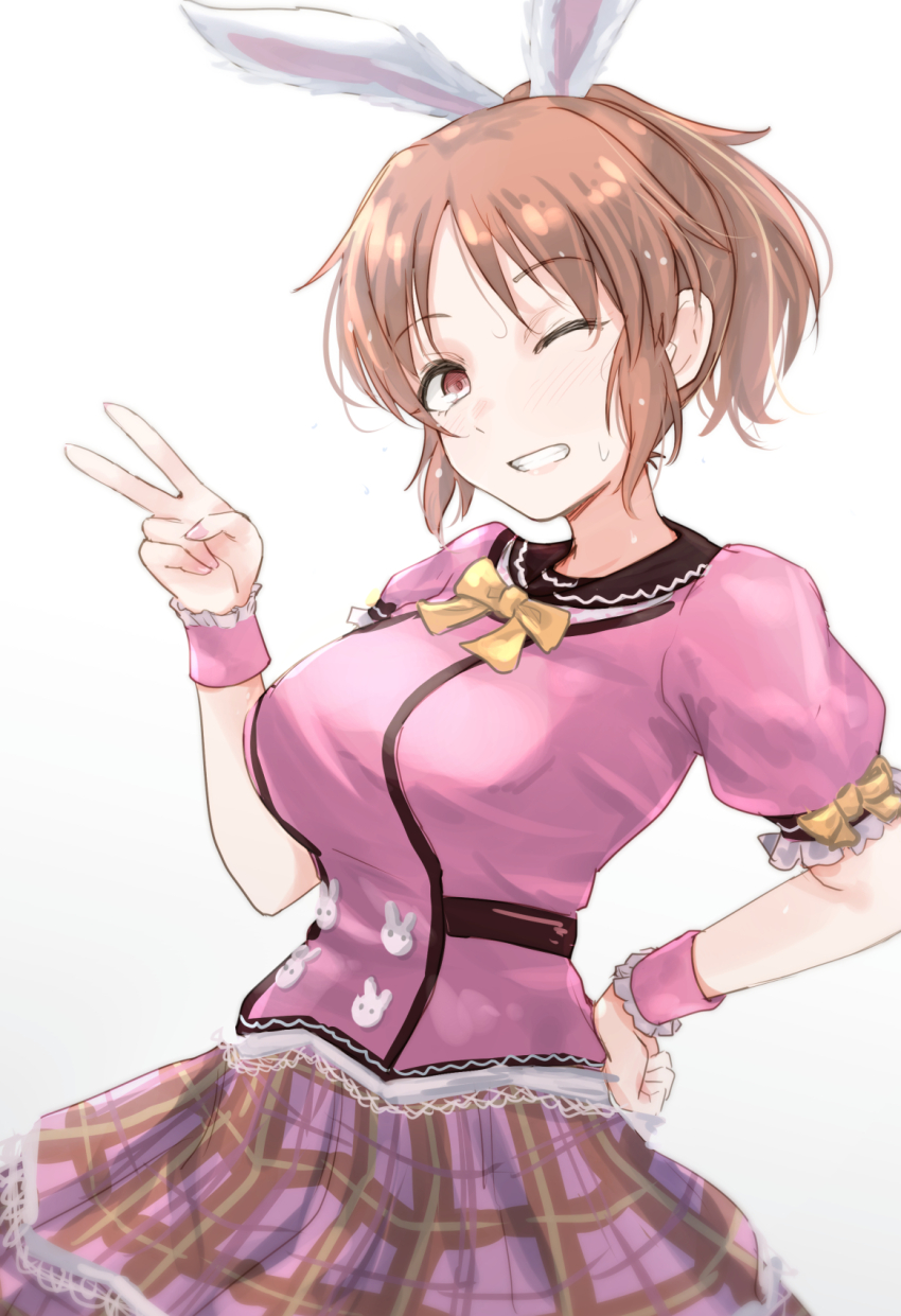 1girl abe_nana animal_ears bow bowtie breasts brown_hair cowboy_shot dress frilled_sleeves frills gradient_background grin hand_on_own_hip highres idolmaster idolmaster_cinderella_girls lace lace-trimmed_dress lace-trimmed_skirt lace_trim large_breasts light_particles looking_at_viewer one_eye_closed parted_bangs pink_dress pink_nails pink_skirt pink_wrist_cuffs plaid_clothes plaid_skirt ponytail puffy_short_sleeves puffy_sleeves rabbit_ears rabbit_ornament short_hair short_sleeves sidelocks skirt smile solo sweatdrop unu_(unucence) v white_background wrist_cuffs yellow_bow yellow_bowtie