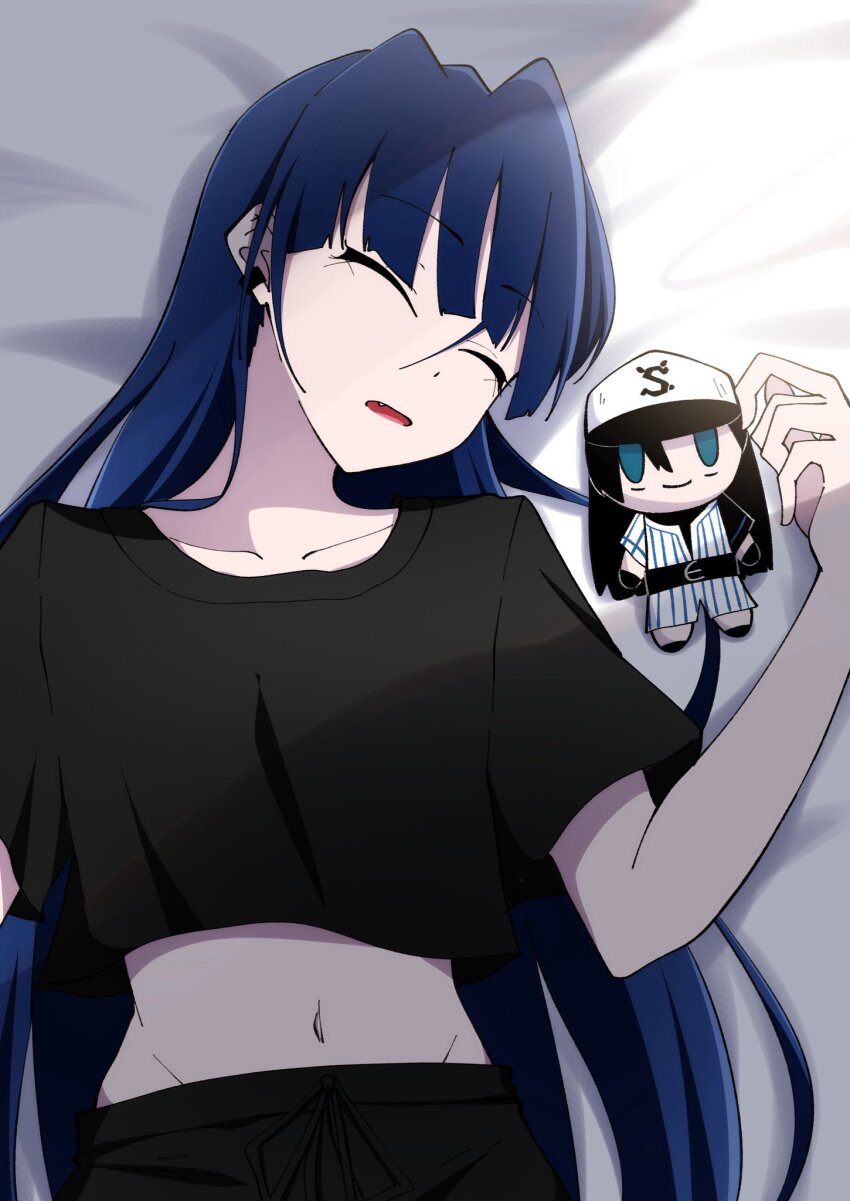 1girl ado_(utaite) animal_ears black_shirt blue_hair character_doll closed_eyes commentary doll fang highres long_hair merry_(ado) midriff naima_(ado) navel nori_(norinori_yrl) open_mouth readymade_(ado) shirt short_sleeves sleeping solo usseewa