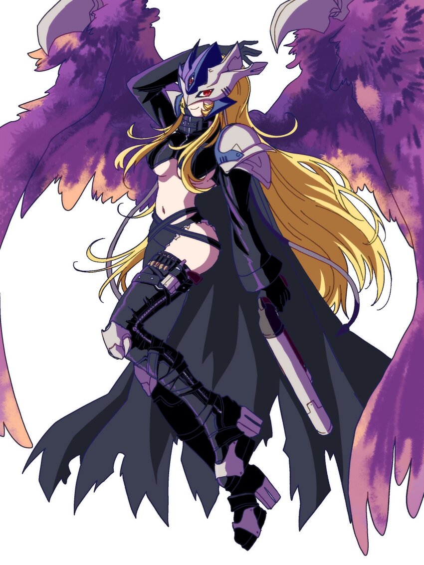 absurdres beelstarmon beelstarmon_x-antibody black_coat black_pants black_shirt blonde_hair breasts coat cropped_shirt digimon digimon_(creature) eye_mask feathered_wings full_body gun highres holding holding_gun holding_weapon large_breasts long_hair megane_mochi pants purple_wings red_eyes shirt simple_background slit_pupils torn_clothes torn_pants underboob weapon white_background wings