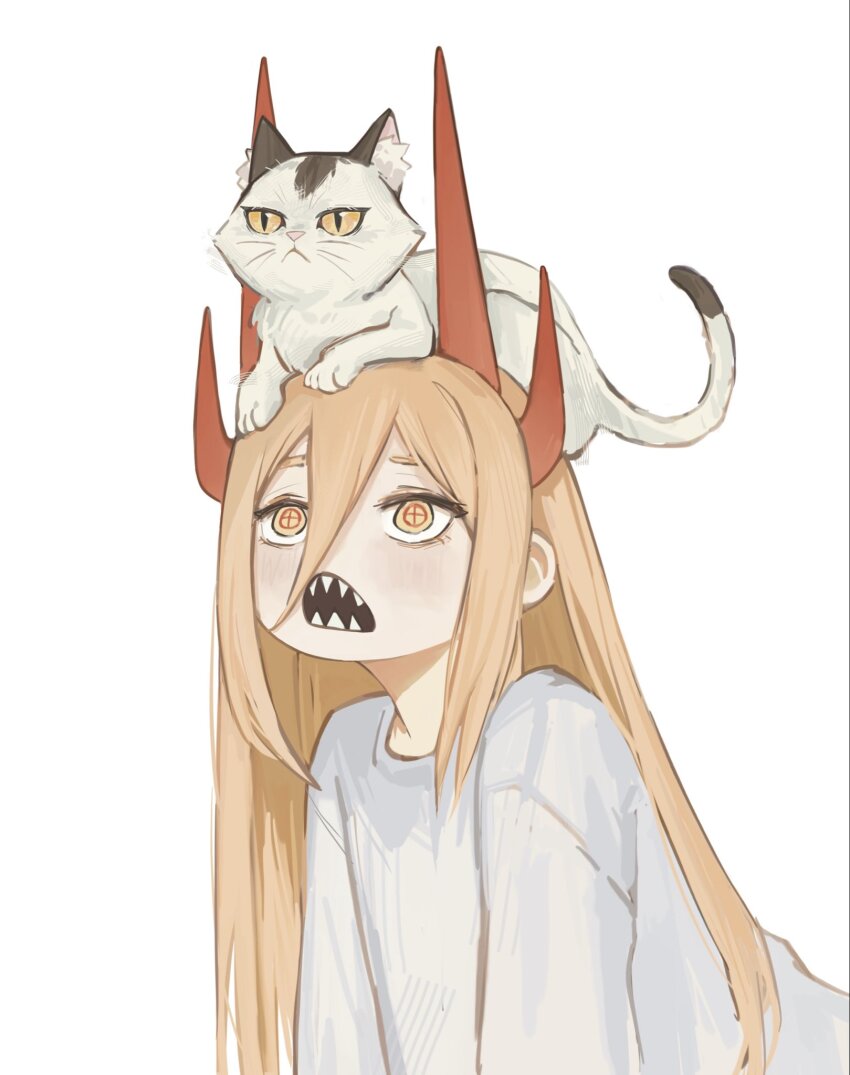 1girl animal animal_on_head blonde_hair cat cat_on_head chainsaw_man cross-shaped_pupils demon_girl demon_horns highres horns long_hair meowy_(chainsaw_man) on_head power_(chainsaw_man) red_horns sharp_teeth shirt simple_background solo symbol-shaped_pupils tarinne teeth white_background white_shirt yellow_eyes