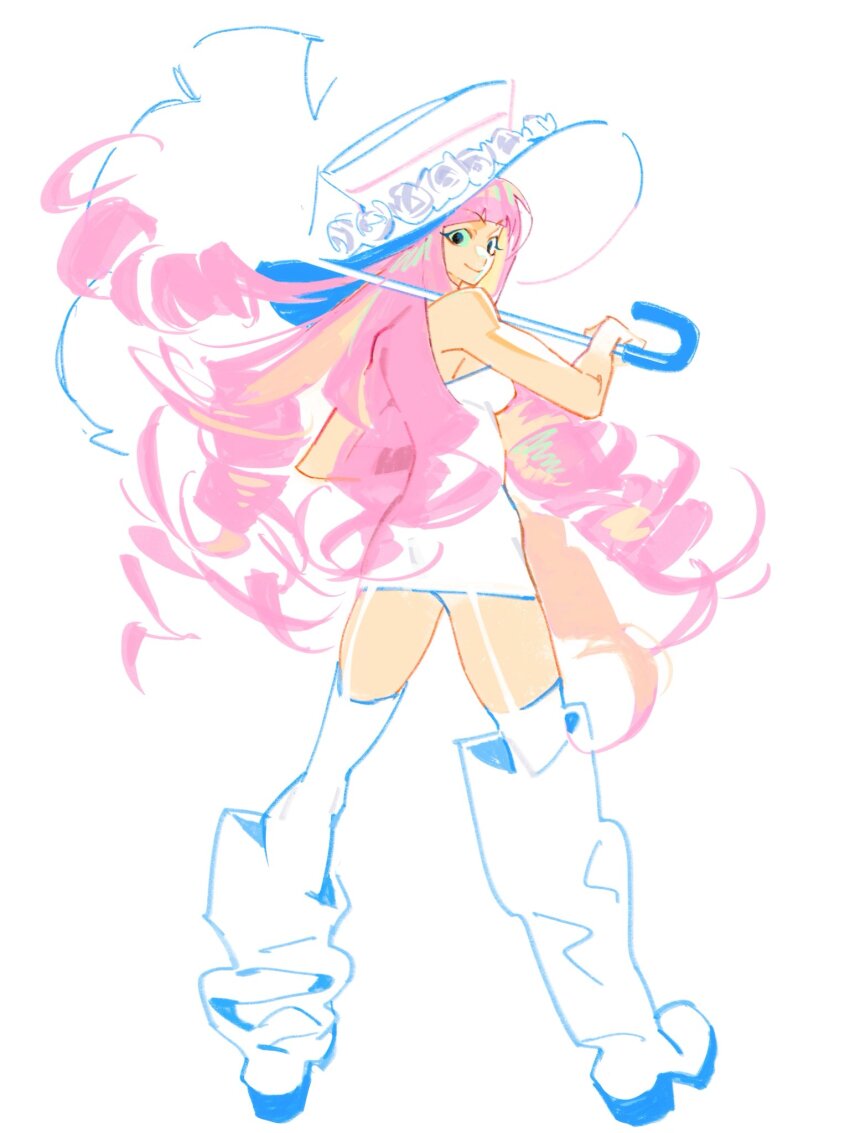 1girl blunt_bangs boots dress drill_hair flower_hat full_body hat highres holding holding_umbrella kithwith_(kith_0121) long_hair looking_back one_piece perona pink_hair shoes simple_background smile solo umbrella white_background white_dress white_shoes