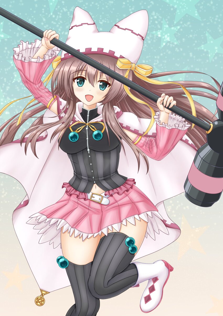 1girl :d absurdres animal_ear_headwear aqua_background aqua_eyes belt black_shirt black_thighhighs blush boots bow breasts brown_hair cape commentary_request detached_sleeves fake_animal_ears fingernails floating_hair foot_out_of_frame frilled_skirt frilled_sleeves frills gradient_background hair_between_eyes hammer hands_up happy hat hat_bow hat_ribbon highres holding holding_hammer impossible_clothes knees_together_feet_apart large_breasts long_hair long_sleeves looking_at_viewer magical_girl miniskirt navel neck_ribbon no_rishi_o open_mouth pink_skirt pink_sleeves pleated_skirt ribbon sanoba_witch shiiba_tsumugi shirt sidelocks simple_background skirt sleeveless sleeveless_shirt smile solo standing standing_on_one_leg star_(symbol) star_print star_symbol_background striped_clothes striped_thighhighs thighhighs thighs vertical-striped_clothes vertical-striped_thighhighs very_long_hair white_belt white_boots white_cape white_hat wide_sleeves yellow_bow yellow_ribbon zettai_ryouiki