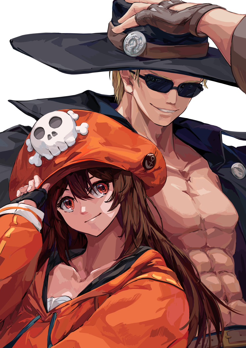 1boy 1girl abs absurdres black_gloves black_hat black_jacket blonde_hair brown_eyes brown_gloves brown_hair cabbie_hat fingerless_gloves gloves guilty_gear guilty_gear_strive hair_between_eyes hat highres jacket johnny_(guilty_gear) long_hair long_sleeves looking_at_viewer may_(guilty_gear) mazaki_oekaki muscular muscular_male open_clothes open_jacket orange_hat orange_jacket pectorals short_hair skull_and_crossbones smile sunglasses upper_body white_background