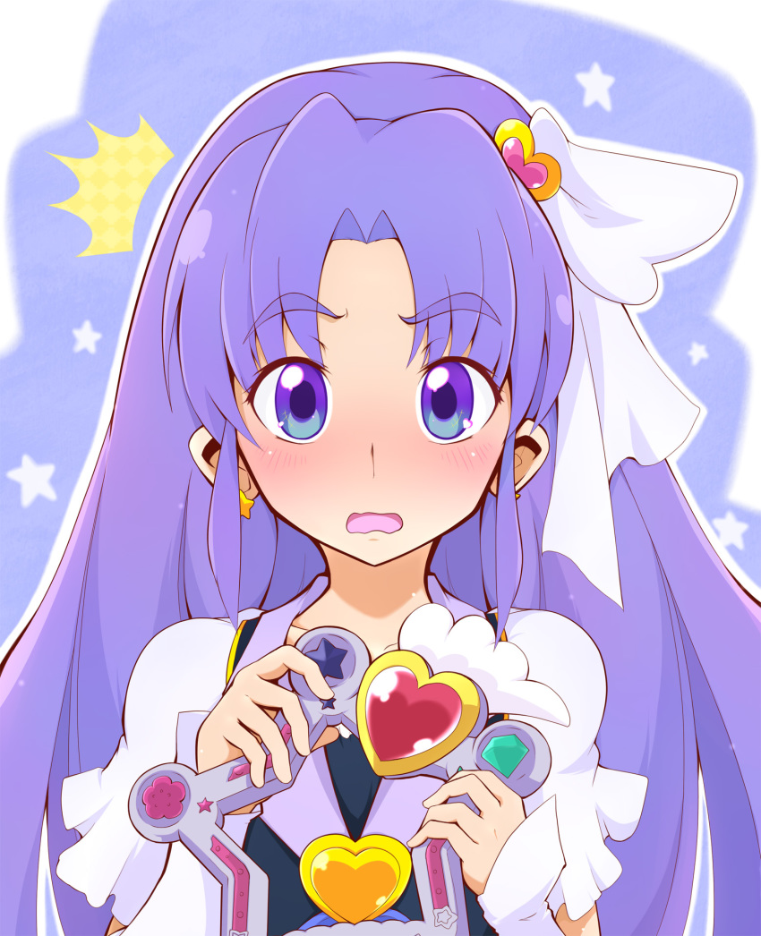 10s 1girl ashita_wa_hitsuji blush brooch cure_fortune earrings embarrassed eyelashes female_focus hair_ornament happinesscharge_precure! heart heart_brooch heart_hair_ornament highres hikawa_iona jewelry long_hair looking_at_viewer magical_girl open_mouth ponytail precure puffy_sleeves purple_eyes purple_hair shirt solo vest wrist_cuffs