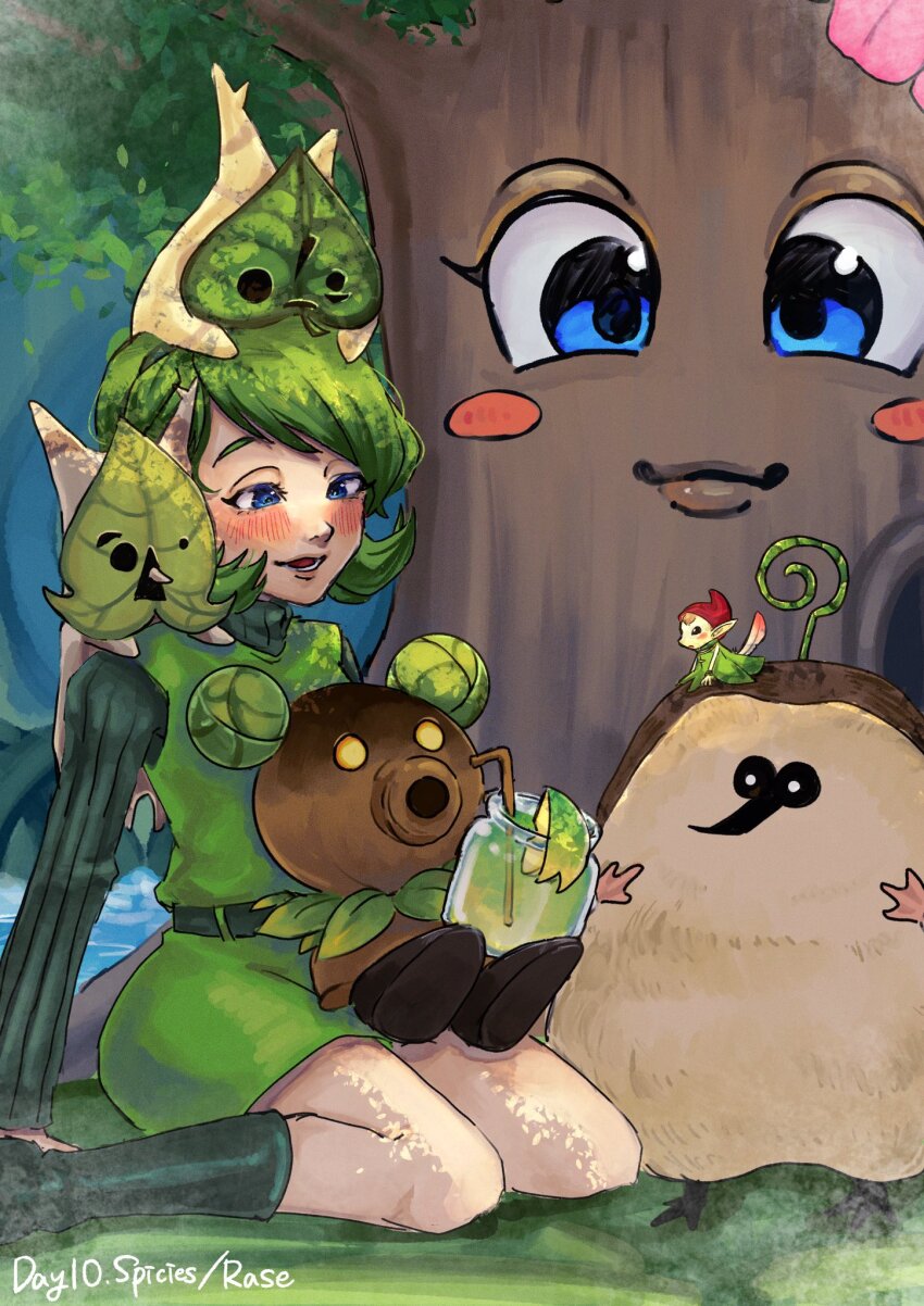 1girl belt blue_eyes blush blush_stickers boots bottle deku_scrub drinking_straw drona_(zelda) flower flower_on_head food forest fruit green_hair hairband highres kikwi kokiri korok lime_(fruit) lime_slice lips looking_down makar maku_tree_(zelda) minish nature nintendo on_head on_lap on_shoulder open_mouth saria_(zelda) sitting smile solua_mnju sweater the_legend_of_zelda the_legend_of_zelda:_echoes_of_wisdom the_legend_of_zelda:_ocarina_of_time the_legend_of_zelda:_oracle_of_ages the_legend_of_zelda:_skyward_sword the_legend_of_zelda:_the_minish_cap the_legend_of_zelda:_the_wind_waker tree tunic turtleneck turtleneck_sweater wariza
