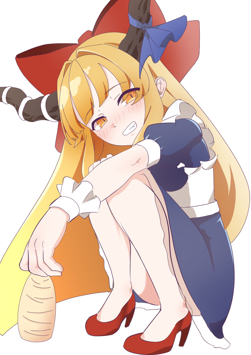 1girl alternate_costume blonde_hair blue_bow blue_dress bow brown_horns commentary_request dress enmaided full_body grin hair_bow hair_intakes head_tilt high_heels highres horn_bow horn_ornament horns ibuki_suika kurohiba long_hair looking_at_viewer maid red_bow red_shoes shoes simple_background smile solo squatting tokkuri touhou very_long_hair white_background wrist_cuffs yellow_eyes