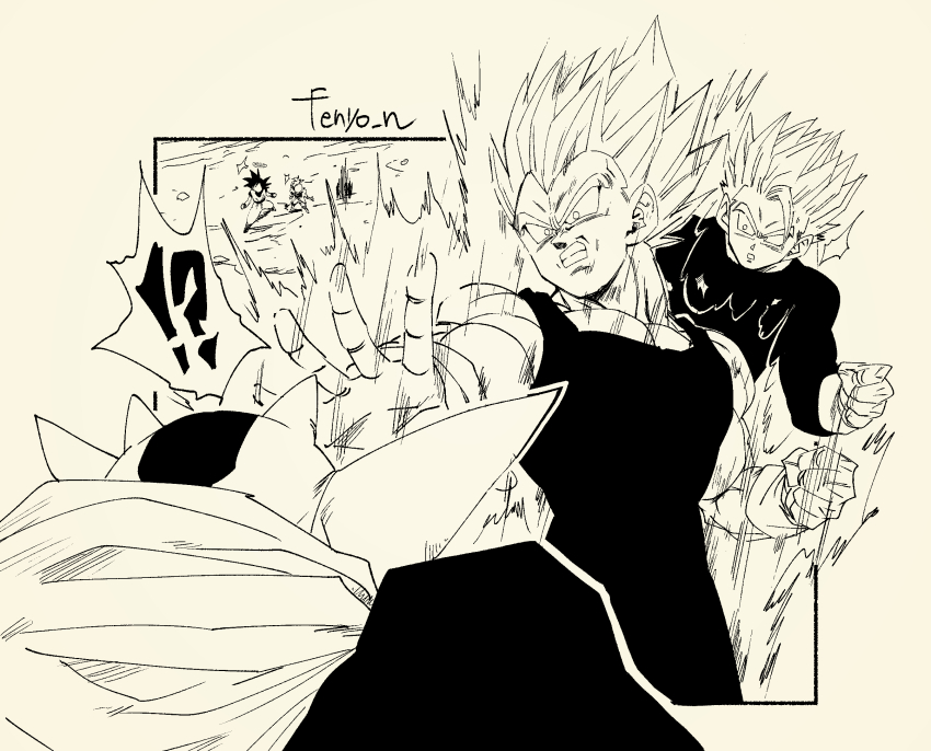 !? 5boys artist_name aura bodysuit clenched_hand clenched_teeth cowboy_shot dabura demon_boy demon_horns dragon_ball dragonball_z fenyon gloves highres horns monochrome motion_lines multiple_boys muscular muscular_male outside_border pointy_ears shin_(dragon_ball) son_gohan son_goku spiked_hair super_saiyan surprised teeth vegeta