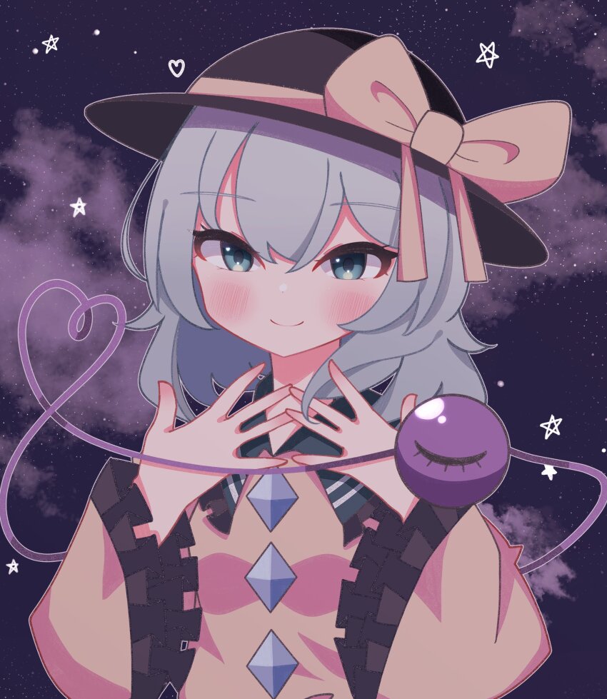 1girl black_hat blouse bow buttons diamond_button eyeball frilled_shirt_collar frilled_sleeves frills green_hair green_skirt hat hat_bow hat_ribbon heart heart_of_string highres koishi_day komeiji_koishi ribbon shirt skirt solo star_(symbol) touhou waroemon