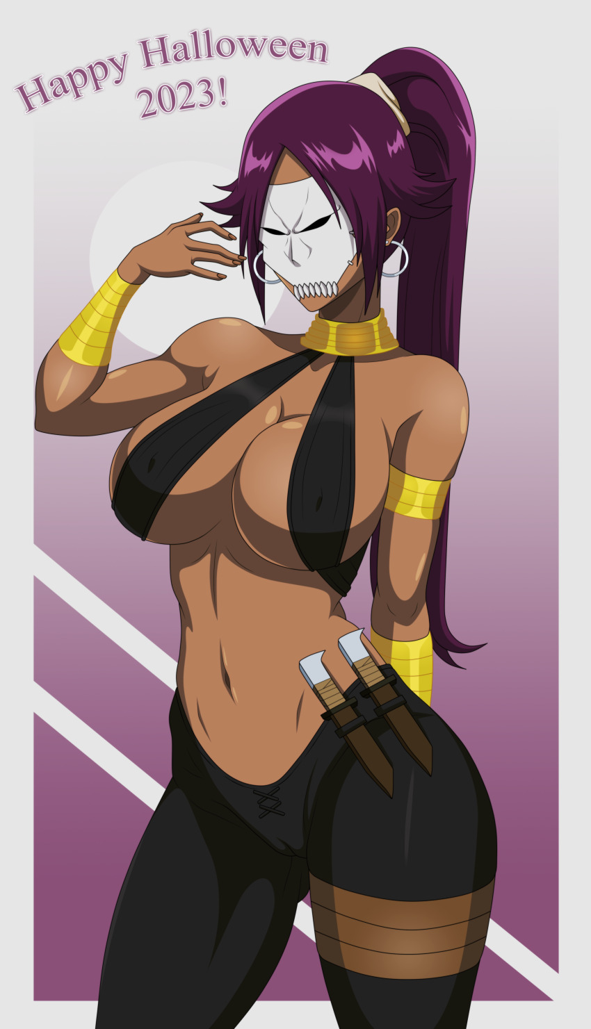 1girl 2023 absurdres armlet assassin_(fate/zero) assassin_(fate/zero)_(cosplay) bleach bracelet breasts cameltoe cleavage cosplay costume dark-skinned_female dark_skin earrings english_text fate/grand_order fate_(series) female_assassin_(fate/zero) female_assassin_(fate/zero)_(cosplay) female_focus halloween halloween_costume happy_halloween highres holding holding_mask hoop_earrings jewelry knife large_breasts long_hair mask navel parted_lips ponytail purple_hair reilchi sheath sheathed shihouin_yoruichi smile solo standing stomach thick_thighs thighs variant_set yellow_eyes