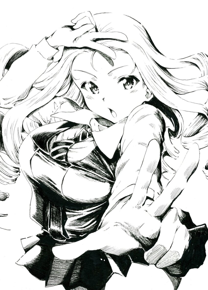 1girl blush breasts collared_shirt commentary_request cowboy_shot double_v drill_hair girls_und_panzer greyscale highres jacket large_breasts long_hair long_sleeves looking_at_viewer marie_(girls_und_panzer) military_uniform miniskirt monochrome necktie open_mouth outstretched_arm pleated_skirt ribbon sawamin school_uniform shirt simple_background skirt solo standing striped_necktie upper_body v very_long_hair white_background