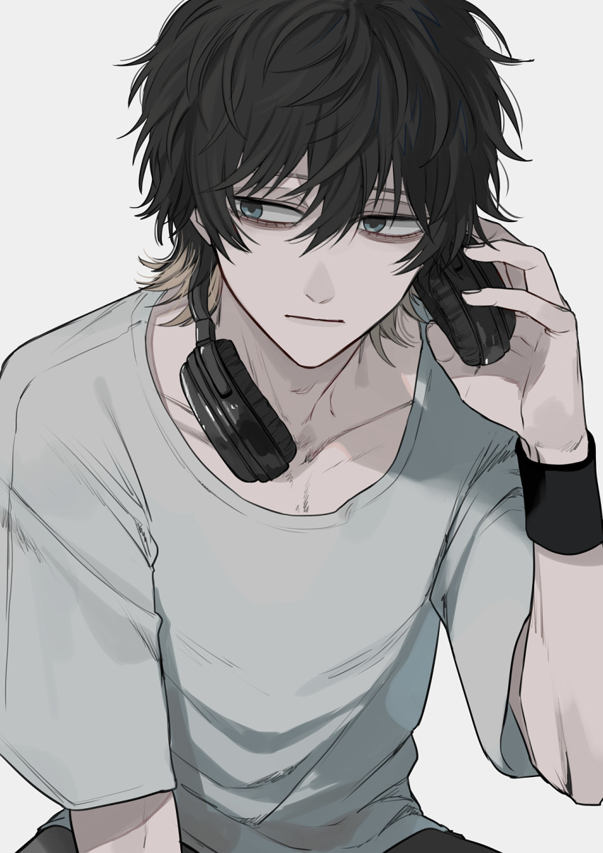 1boy black_hair ebanoniwa grey_shirt hair_between_eyes headphones headphones_around_neck highres magami_keigo male_focus medium_hair shirt short_sleeves simple_background sitting solo t-shirt white_background witch_watch wristband