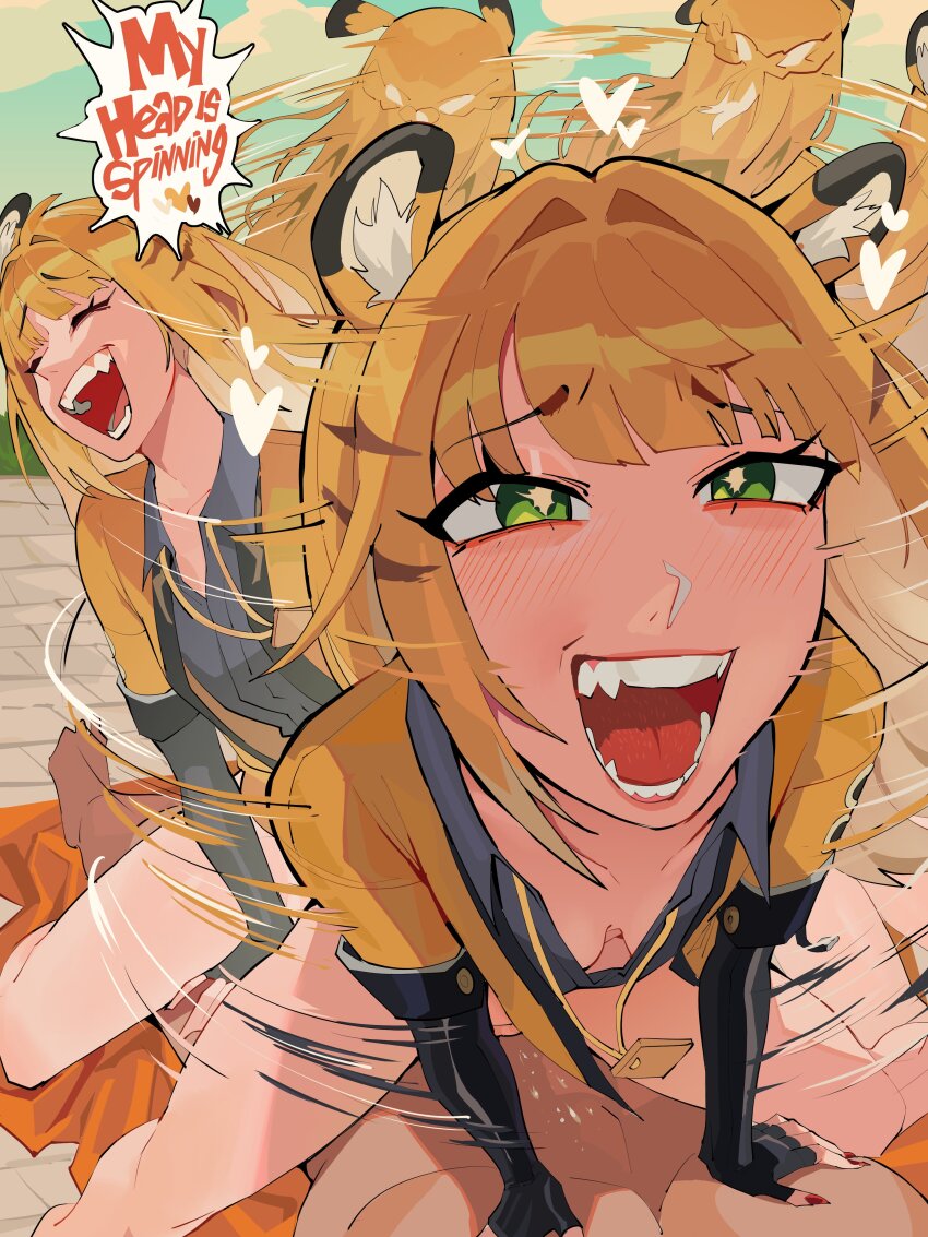 1boy 1girl absurdres afterimage animal_ear_fluff animal_ears arm_support blonde_hair blush bottomless braid breasts brown_hair closed_eyes commentary cowgirl_position dark-skinned_male dark_skin day diforland downblouse english_commentary english_text fangs fingernails girl_on_top green_eyes hair_intakes hands_on_another&#039;s_chest heart hetero highres implied_sex jacket ju_fufu leaning_forward long_hair looking_up motion_lines multicolored_hair nail_polish open_mouth outdoors pectorals raised_inner_eyebrows red_nails sharp_fingernails shirt small_breasts smile solo_focus spinning straddling teeth tiger_ears very_long_hair zenless_zone_zero