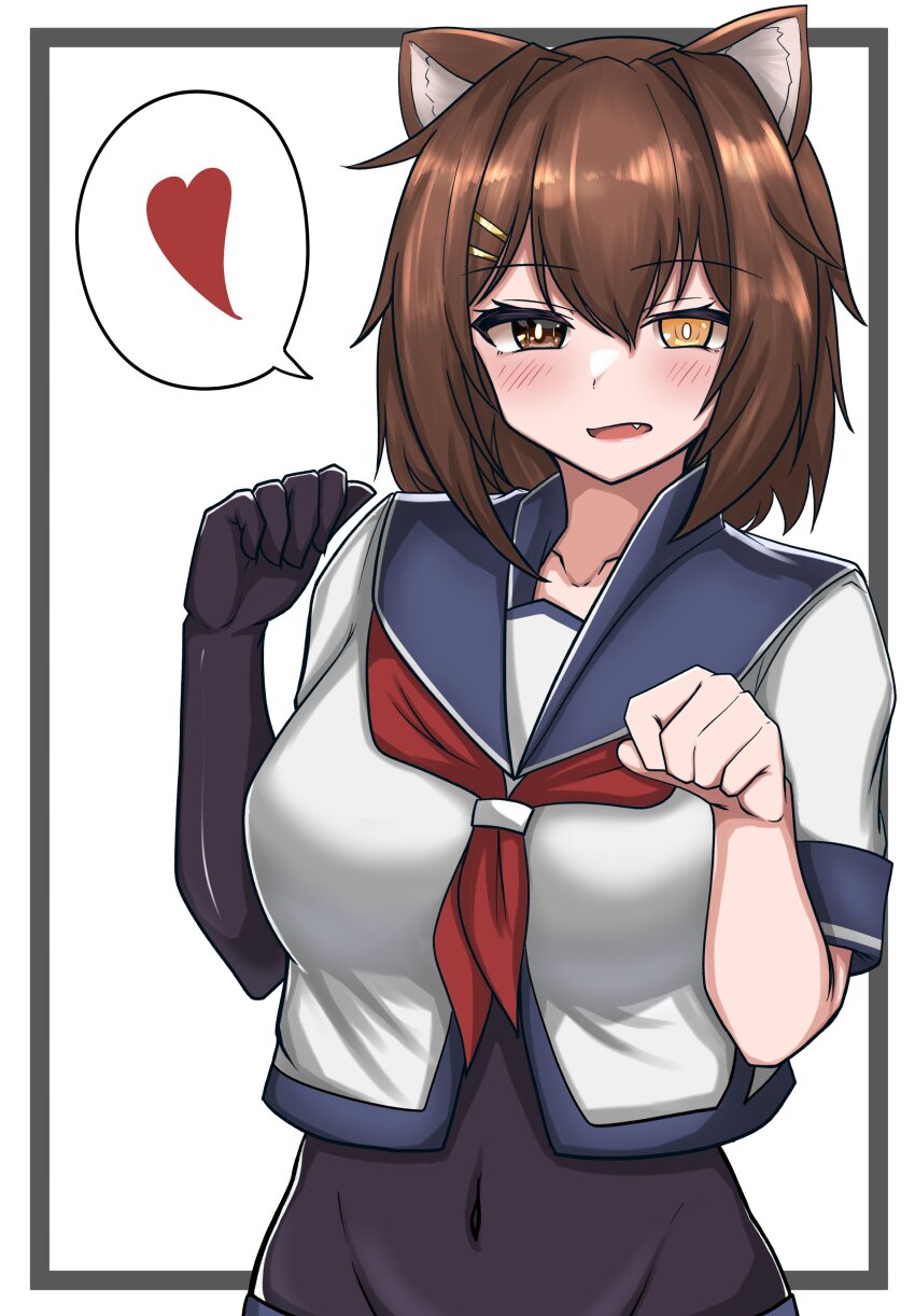 1girl absurdres animal_ears bad_id bad_pixiv_id black_bodysuit blue_sailor_collar bodysuit brown_hair cat_ears commentary_request covered_navel elbow_gloves furutaka_(kancolle) furutaka_kai_ni_(kancolle) gloves glowing glowing_eye groin heart heterochromia highres kantai_collection neckerchief paw_pose red_neckerchief sailor_collar sailor_shirt school_uniform serafuku shirt short_hair single_elbow_glove solo spoken_heart tokiwa_senkei upper_body white_background white_shirt yellow_eyes