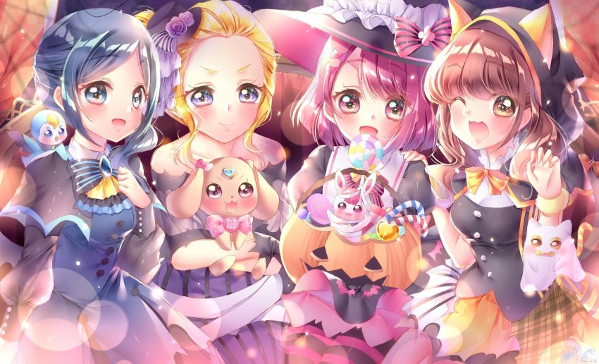 4girls ;d animal animal_hood animal_on_shoulder artist_name ascot bird black_dress black_headwear blonde_hair blue_cape blue_dress blue_eyes blue_hair blunt_bangs bob_cut bow bracelet brooch brown_hair candy cape cat cat_hood claw_pose closed_mouth collared_shirt commentary dated dog dress food fuurin_asumi ghost_costume hair_pulled_back halloween halloween_bucket halloween_costume hanadera_nodoka hand_on_another&#039;s_shoulder hand_on_own_chest hat hat_bow healin&#039;_good_precure highres hiramitsu_hinata holding holding_animal hood jack-o&#039;-lantern jewelry latte_(precure) lens_flare long_sleeves looking_at_viewer multiple_girls nyatoran_(precure) one_eye_closed open_mouth pantyhose pegitan_(precure) penguin pink_bow pink_eyes pink_hair pink_pantyhose precure puffy_short_sleeves puffy_sleeves purple_dress rabbit rabirin_(precure) sawaizumi_chiyu shirt short_dress short_sleeves side-by-side signature sitting smile striped_clothes striped_pantyhose swept_bangs touki_matsuri witch_hat yellow_bow