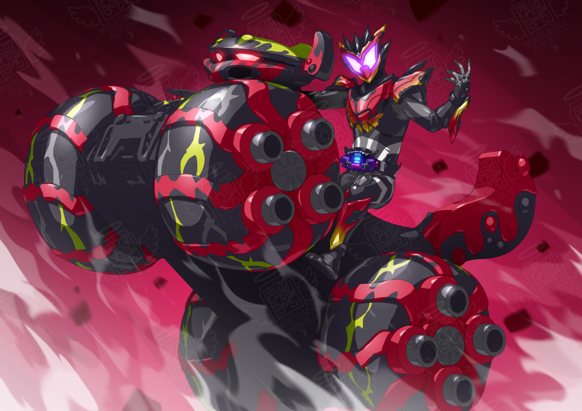 1boy absurdres adk-em armor bandai bandai_namco black_bodysuit bodysuit glowing glowing_eyes helmet highres ishimori_prod kamen_rider kamen_rider_bitter_gavv kamen_rider_bitter_gavv_sparkin_gummy_form kamen_rider_gavv_(series) male_focus mask motor_vehicle otokamu red_armor riding toei_company tokusatsu tv_asahi