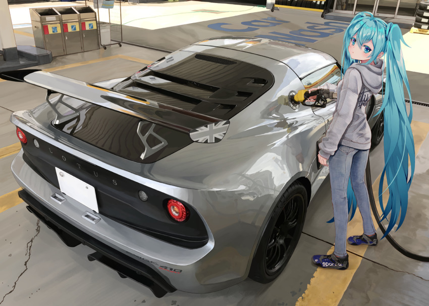 1girl alternate_costume black_footwear blue_eyes blue_hair blush car casual closed_mouth clothes_writing day denim from_side full_body gas_station grey_hoodie hatsune_miku hood hood_down hoodie jeans long_hair long_sleeves looking_at_viewer looking_to_the_side lotus_(brand) motor_vehicle outdoors pants reflection solo standing takepon1123 twintails union_jack vehicle_focus very_long_hair vocaloid