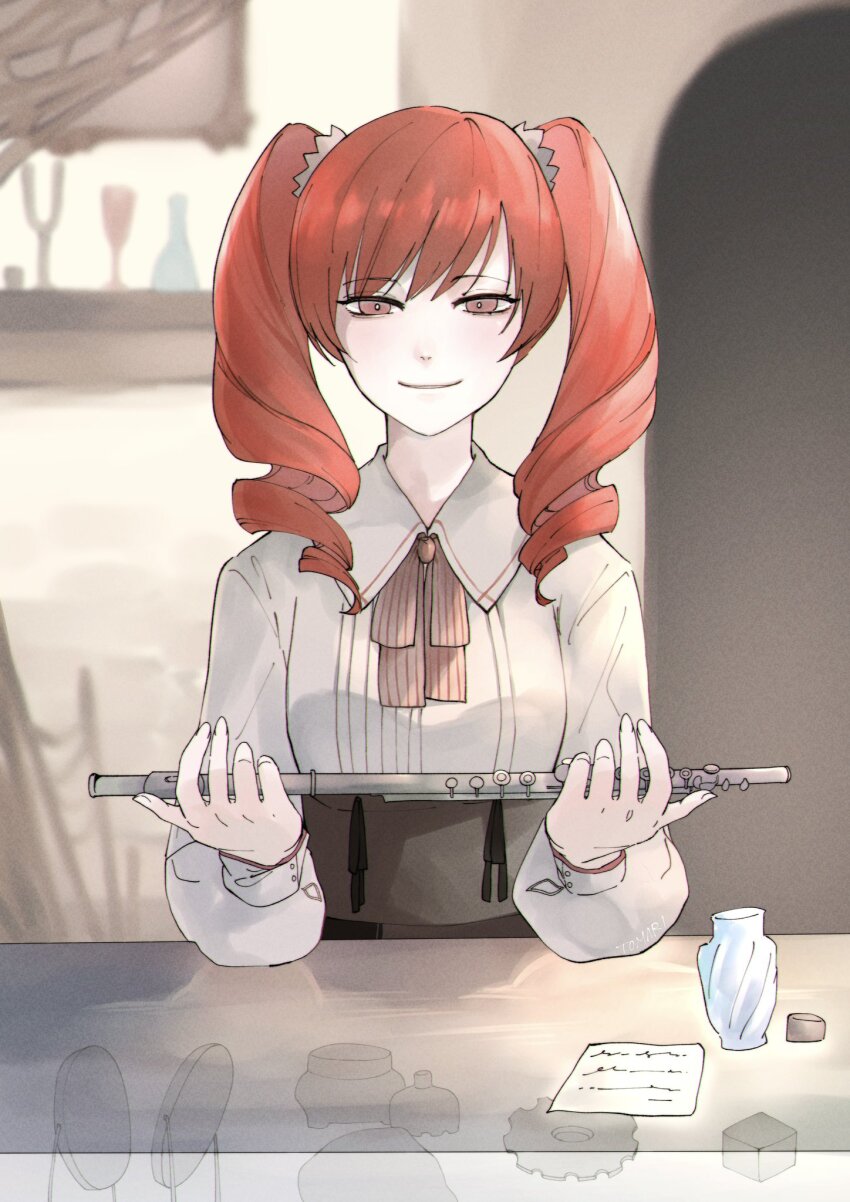 1girl black_box blouse bottle brown_shirt brown_skirt collared_shirt counter cup door evil_smile evillious_nendaiki flute gears highres holding_flute holding_instrument kasane_teto long_hair looking_at_viewer mirror neck_ribbon note pale_skin red_eyes red_hair ribbon ringlets shirt skirt smile solo tomari_drew twintails