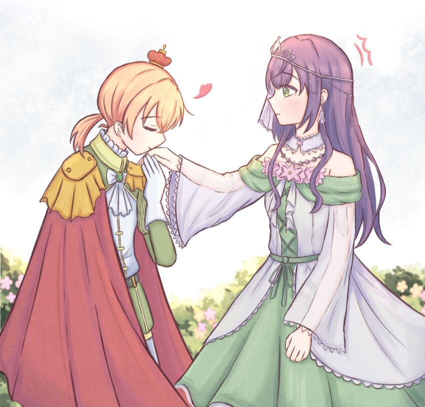 2girls ^^^ arched_crown bare_shoulders blush cape cerise_bouquet closed_eyes commentary_request crown dress flower gloves green_dress green_eyes green_shorts heart highres hikari863126 hinoshita_kaho hinoshita_kaho_(kiseki_no_butoukai_(102nd)) kiss kissing_hand link!_like!_love_live! lone_nape_hair long_hair long_sleeves love_live! medium_hair mini_crown multiple_girls off-shoulder_dress off_shoulder orange_hair otomune_kozue otomune_kozue_(kiseki_no_butoukai_(102nd)) pink_flower prince princess profile red_cape see-through_clothes see-through_sleeves short_hair shorts u_u virtual_youtuber white_gloves yuri