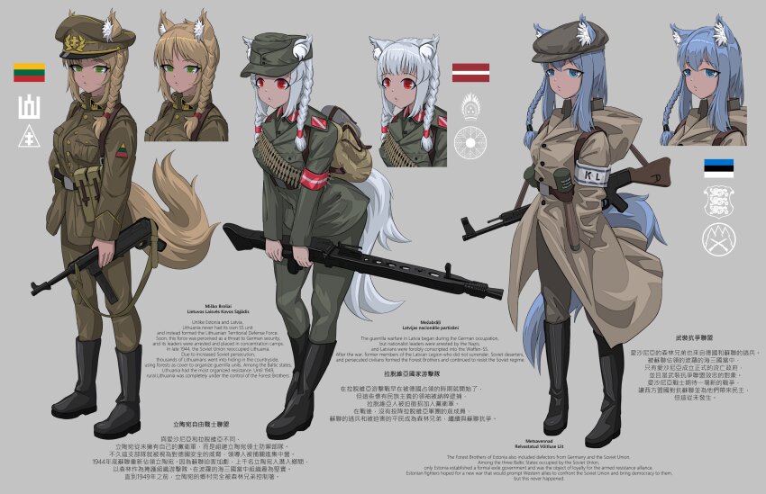 3girls absurdres animal_ears assault_rifle blue_eyes blue_hair brown_hair brown_jacket brown_pants chinese_text english_text estonian_flag explosive fang_zhenjun fox_ears fox_girl fox_tail green_eyes green_jacket green_pants grenade gun highres jacket latvian_flag lithuanian_flag long_sleeves machine_gun mg42 military_uniform mixed-language_text mp40 multiple_girls original pants red_eyes rifle simplified_chinese_text standing stg44 stielhandgranate submachine_gun tail weapon white_hair yellow_jacket yellow_pants