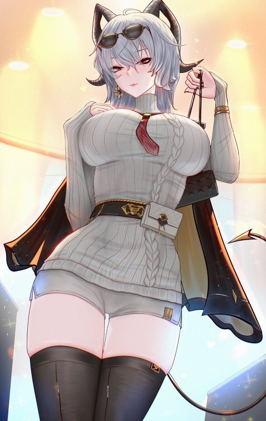 1girl black_horns black_tail black_thighhighs breasts closed_mouth commentary curled_horns demon_tail dress earrings eyewear_on_head fingernails grey_dress grey_shorts hair_between_eyes hand_on_own_chest hands_up highres horns jewelry large_breasts long_sleeves looking_at_viewer mcdobo necktie official_alternate_costume red_eyes red_necktie shorts solo sunglasses sweater sweater_dress tail thighhighs thighs wuthering_waves zani_(downtown_repose)_(wuthering_waves) zani_(wuthering_waves)