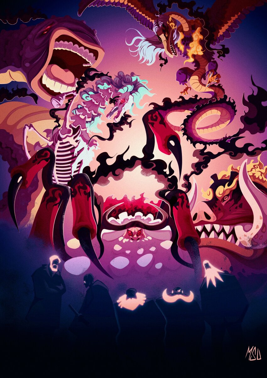 5boys absurdres alternate_form bakotsu_(youkai) bald beard bird black_fire boar claws crossed_arms dragon_tail dreadlocks ethan-baron_v._nusjuro facial_hair fire glasses highres horns horse itsumade_(youkai) jaygarcia_saturn long_beard long_hair marcus_mars monster_boy msudrawings multiple_boys mustache one_piece open_mouth red_eyes sharp_teeth shepherd_ju_peter short_hair signature silhouette skeleton spider_boy sword tail teeth topman_warcury ushi-oni_(youkai) weapon worm