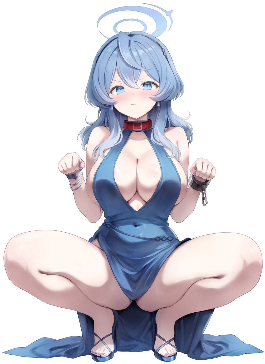 1girl absurdres ako_(blue_archive) ako_(dress)_(blue_archive) angry animal_collar bare_shoulders blue_archive blue_dress blue_eyes blue_hair blue_halo blue_shoes blush breasts cleavage collar collarbone covered_navel dress earrings full_body hair_between_eyes hairband halo high_heels highres jewelry large_breasts littlehobby long_hair looking_at_viewer official_alternate_costume paw_pose shoes sideboob single_handcuff sleeveless sleeveless_dress solo spread_legs squatting thighs white_background
