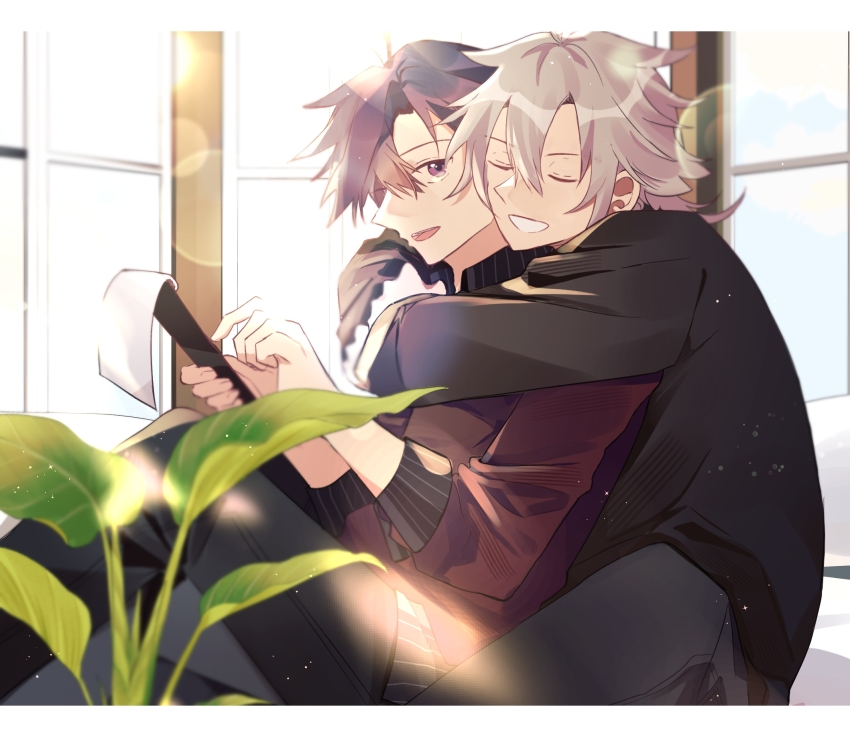2boys black_hair clipboard closed_eyes crow_armbrust double-parted_bangs eiyuu_densetsu hair_between_eyes hajimari_no_kiseki highres holding holding_clipboard hug hug_from_behind indoors lens_flare male_focus multiple_boys open_mouth parang_(its_me_ovo) parted_bangs plant purple_eyes rean_schwarzer sen_no_kiseki_(series) sitting smile white_hair