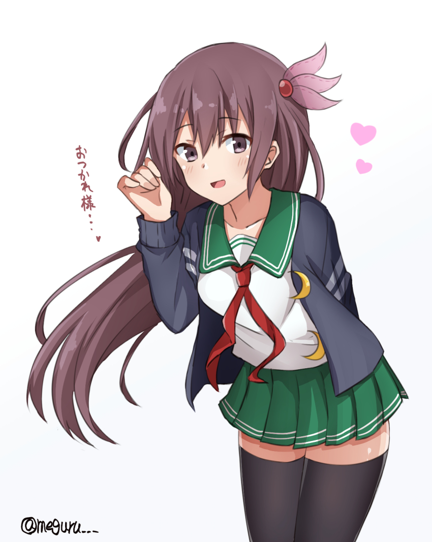 1girl black_jacket black_thighhighs brown_eyes brown_hair cowboy_shot crescent crescent_pin female_focus green_sailor_collar green_skirt hair_ornament highres jacket kantai_collection kisaragi_(kancolle) kisaragi_kai_ni_(kancolle) long_hair meguru_(megurunn) neckerchief pleated_skirt red_neckerchief sailor_collar school_uniform serafuku skirt solo thighhighs translated twitter_username