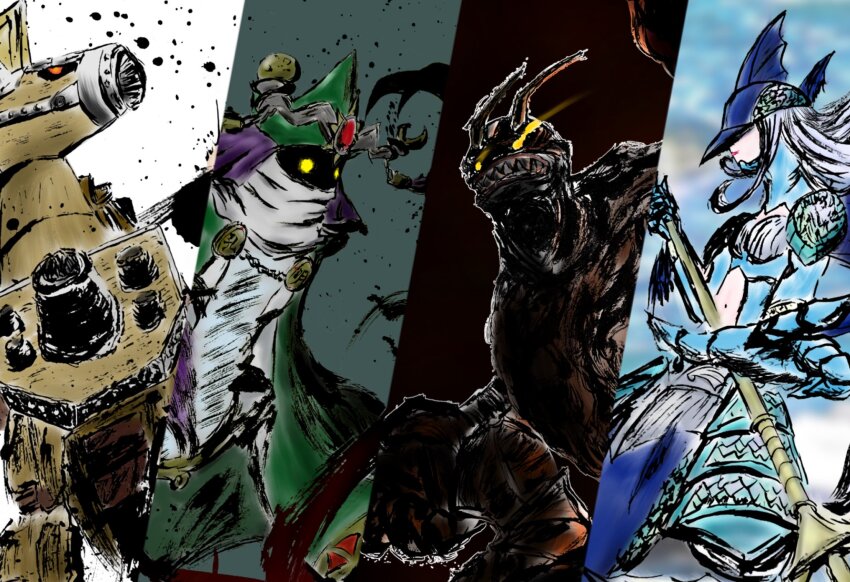 ancientmermaimon ancienttroiamon ancientvolcamon ancientwisemon digimon digimon_(creature) highres horse mermaid monster_girl sharp_teeth teeth ten_legendary_warriors yellow_eyes