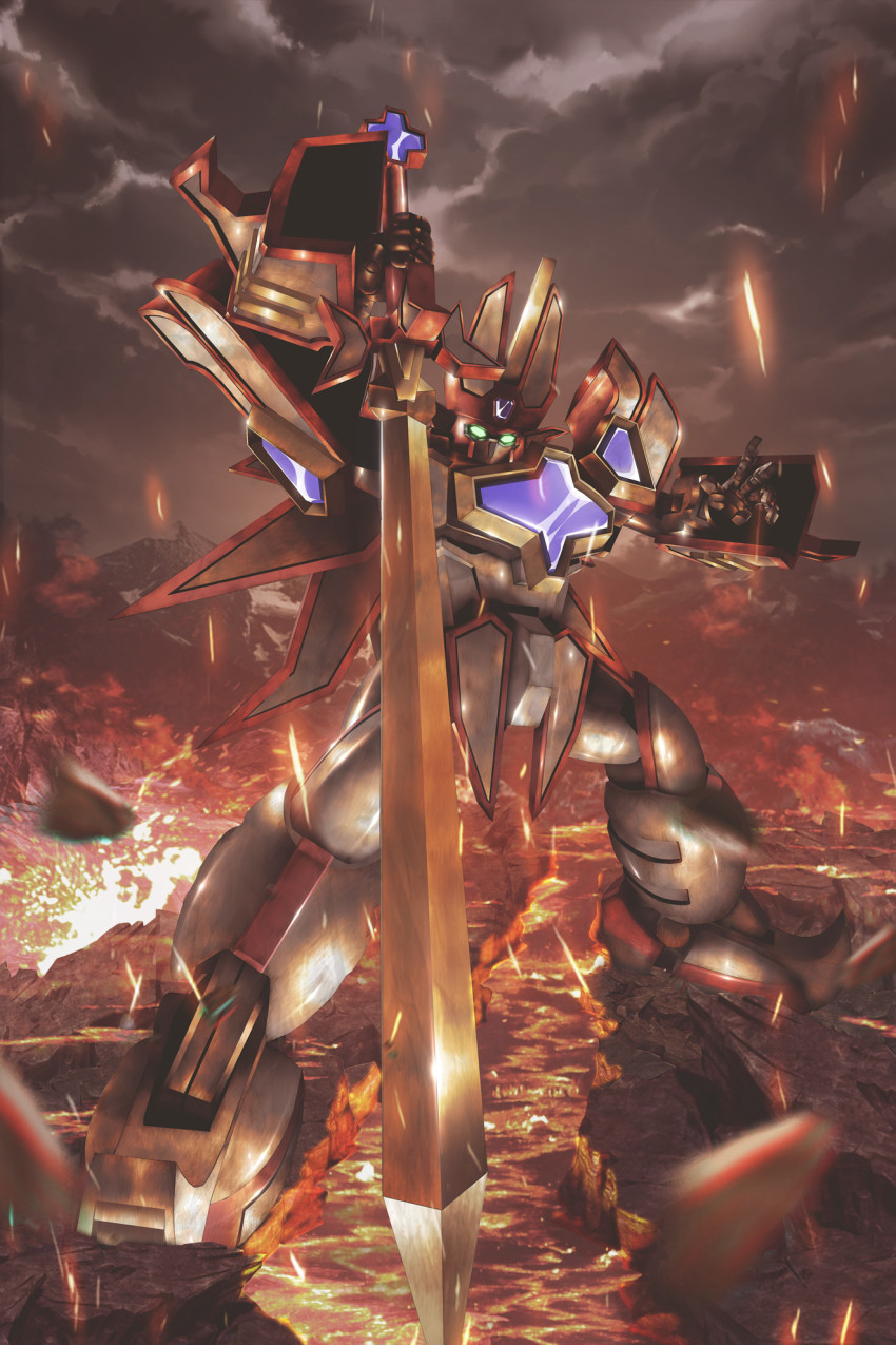 3d boshi_(atuki_mk2) granzort green_eyes highres holding holding_sword holding_weapon lava looking_at_viewer looking_down madou_king_granzort mecha open_hand robot sword volcano weapon