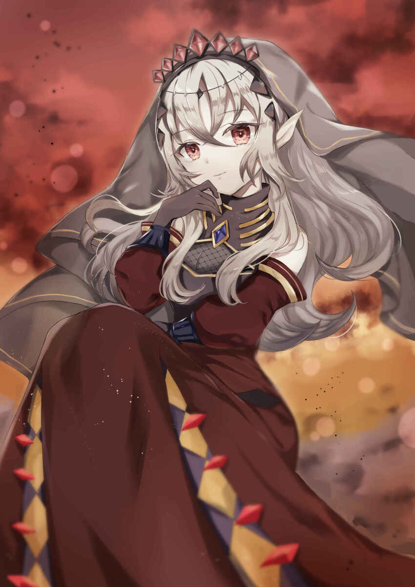 1girl absurdres black_gloves black_tiara blazing_cartesia_the_virtuous breasts cleavage closed_mouth dress duel_monster ecclesia_(yu-gi-oh!) gloves hair_between_eyes highres long_hair looking_at_viewer pointy_ears red_dress red_eyes sitting smile solo tiara veil white_hair yamabuki_humi yu-gi-oh!