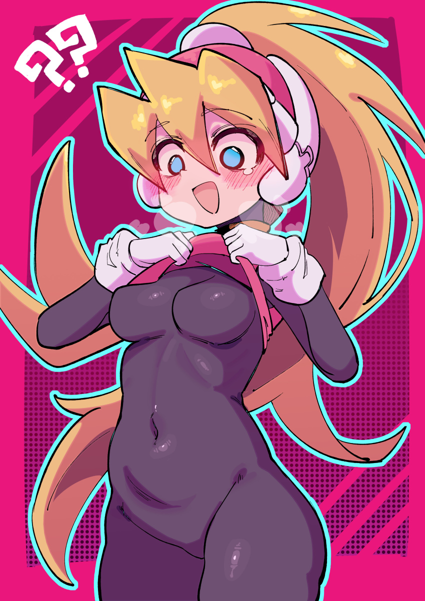 1girl ? ?? absurdres black_bodysuit blonde_hair blue_eyes blush bodysuit breasts breath buzzlyears ciel_(mega_man) clothes_lift covered_erect_nipples covered_navel cowboy_shot helmet high_ponytail highres long_hair medium_breasts mega_man_(series) mega_man_zero_(series) open_mouth pink_background pink_helmet pink_shirt ponytail shirt shirt_lift simple_background solo