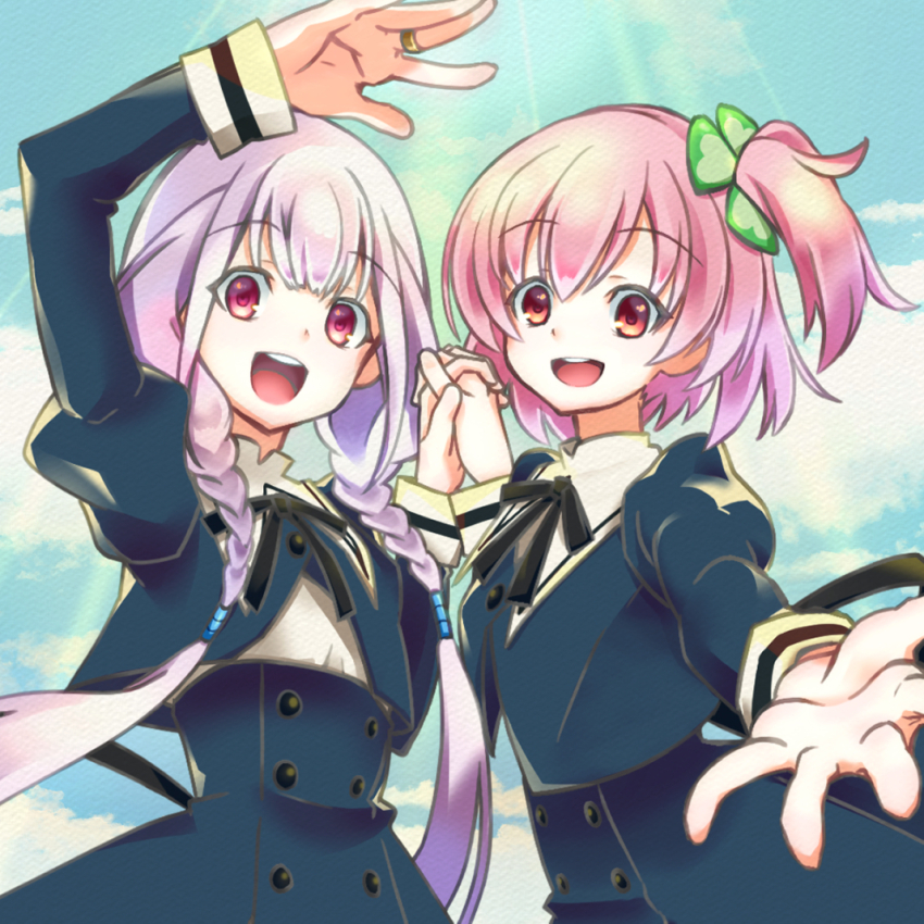 2girls :d arm_up assault_lily black_ribbon black_skirt blue_sky braid buttons cloud clover_hair_ornament commentary_request cropped_jacket day digamma four-leaf_clover_hair_ornament hair_ornament hand_up hands_up hitotsuyanagi_riri hitotsuyanagi_yuri holding_hands interlocked_fingers jewelry juliet_sleeves long_hair long_sleeves looking_at_viewer low_twin_braids low_twintails multiple_girls neck_ribbon one_side_up open_mouth outdoors outstretched_arm pink_eyes pink_hair puffy_sleeves purple_hair reaching reaching_towards_viewer ribbon ring school_uniform shirt short_hair skirt sky smile standing sunlight teeth twin_braids twintails upper_body upper_teeth_only very_long_hair white_shirt yurigaoka_girls_academy_school_uniform