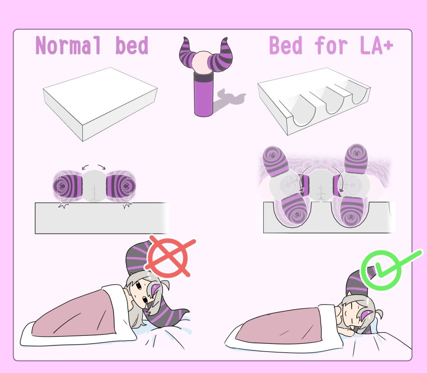 &lt;o&gt;_&lt;o&gt; 1girl 3d :&gt; :| =_= absurdres ahoge arrow_(symbol) bed black_horns checkmark closed_mouth commentary demon_girl demon_horns english_commentary english_text from_side grey_hair highres hololive horns huge_horns keven_(ewdx3754) la+_darknesss long_hair looking_at_viewer mattress multicolored_hair multiple_views pointing_out_the_details pointy_ears purple_hair purple_horns sleeping streaked_hair striped_horns two-tone_hair under_covers virtual_youtuber