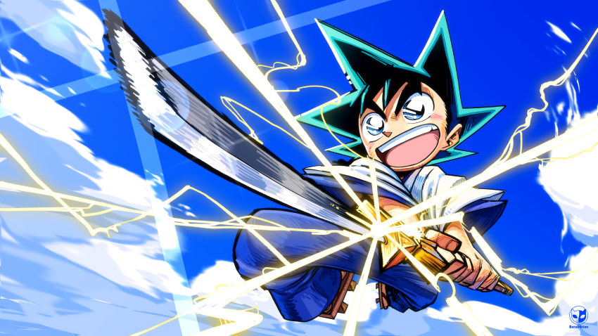 1boy blue_eyes blue_hakama blue_sky borudbrian cloud cloudy_sky day hakama highres holding holding_sword holding_weapon japanese_clothes kurogane_yaiba male_focus open_mouth outdoors short_hair sky smile solo spiked_hair sunrise_stance sword teeth weapon yaiba