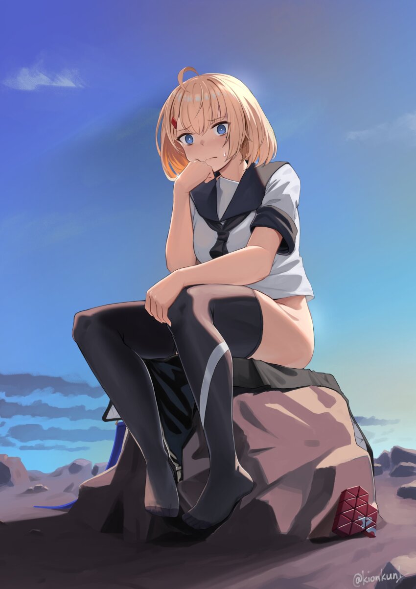 1girl absurdres acr_(girls&#039;_frontline) ahoge asymmetrical_hair black_neckerchief black_sailor_collar black_thighhighs blonde_hair blue_eyes commentary commission english_commentary girls&#039;_frontline hair_ornament hairpin highres kion-kun mole mole_under_eye neckerchief no_panties on_rock parody partially_undressed rock sailor_collar second-party_source shirt sitting sky solo sweatdrop the_thinker thighhighs white_shirt