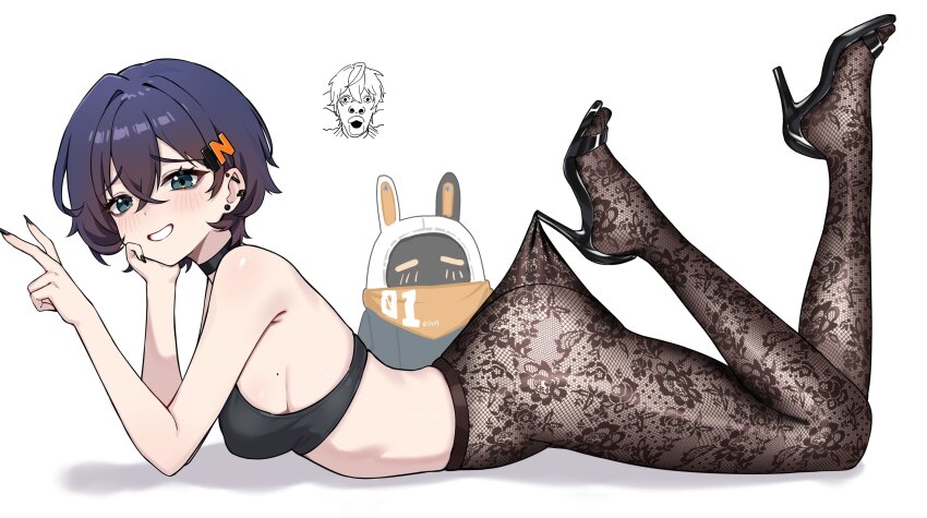 1girl absurdres ass belle_(zenless_zone_zero) black_hair black_nails blue_eyes blush bra breasts earrings fingernails hair_between_eyes hair_ornament hairclip high_heels highres iffyru jewelry lace_pantyhose_hooked_on_heel_(meme) letter_hair_ornament long_fingernails looking_at_viewer meme open_mouth pantyhose short_hair smile underwear v zenless_zone_zero