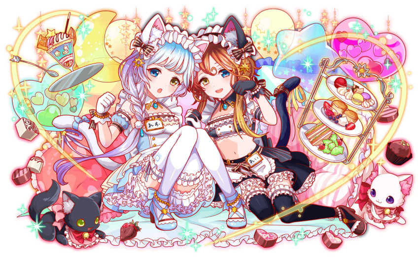 2girls alternate_costume alternate_hairstyle amulet animal_ear_fluff animal_ears anime_coloring apron aqua_bow aqua_dress aqua_eyes aqua_gemstone aqua_hair aqua_ribbon aqua_shoes aqua_sleeves armband artist_request balloon bandeau bare_shoulders beads bell bid_(clothes) black_armband black_bandeau black_bow black_cat black_collar black_gloves black_headband black_ribbon black_sleeve_cuffs black_tail black_thighhighs blonde_hair bloomers blueberry blush bow bracelet braid braided_ponytail breasts buttons candy cat cat_ears cat_tail character_name checkerboard_cookie chocolate chocolate_heart chocolate_strawberry chocolate_syrup clenched_hand collar colored_inner_animal_ears cookie crash_fever crescent crescent_balloon cupcake detached_sleeves double-breasted dress enmaided floating floating_object food footwear_bow frilled_apron frilled_bandeau frilled_collar frilled_dress frilled_headband frilled_pillow frilled_thighhighs frills fruit full_body galilei_(crash_fever) galileo_(crash_fever) game_cg glove_bow gloves gold_buttons gold_trim green_eyes hair_between_eyes hair_ornament head_tilt headband heart heart-shaped_food heart-shaped_pillow heart_balloon heart_print hexagram holding_hands horizontal-striped_bow ice_cream ice_cream_float jewelry jingle_bell kitten knees_together_feet_apart lace-trimmed_armband lace-trimmed_footwear lace-trimmed_sleeves lace_trim lettuce light_brown_hair long_hair low-braided_long_hair low-tied_long_hair macaron maid maid_apron maid_headdress medium_breasts midriff multicolored_hair multiple_girls name_tag neck_bell number_print numbered octagram official_alternate_hairstyle official_art open_mouth orange_(fruit) orange_outline orange_slice outline paw_pose petticoat pillow pink_bow pink_collar pinstripe_bow pinstripe_ribbon plate pocky pom_pom_(clothes) pom_pom_hair_ornament puffy_short_sleeves puffy_sleeves purple_eyes purple_hair purple_ribbon red_bow red_outline ribbon sailor_collar sandwich shoes short_hair short_hair_with_long_locks short_sleeves side_braid side_ponytail sitting sleeve_cuffs solo sparkle spoon square square_print star-shaped_cookie star-shaped_food star_(symbol) star_balloon star_button star_ornament strappy_heels strawberry strawberry_slice striped_bow striped_pillow tachi-e tail tail_bow tail_ornament teardrop-shaped_gem teeth thighhighs third-party_source tomato transparent_background tray two-tone_hair underwear upper_teeth_only vertical-striped_pillow vertical-striped_ribbon very_long_hair waffle whipped_cream white_background white_bloomers white_cat white_chocolate white_headdress white_petticoat white_sailor_collar white_stripes white_thighhighs yellow_eyes yokozuwari