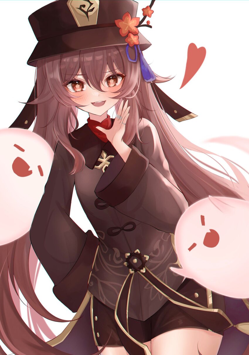 1girl blush boo_tao_(genshin_impact) brown_hair brown_hat brown_pants brown_shirt flower-shaped_pupils genshin_impact hair_between_eyes hat highres hu_tao_(genshin_impact) komor_yuki long_hair long_sleeves looking_at_viewer open_mouth pants red_eyes shirt smile solo symbol-shaped_pupils very_long_hair