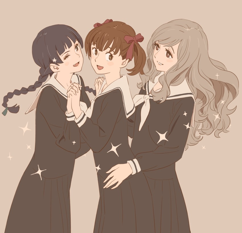 3girls 55bata6rou :d black_hair black_serafuku black_shirt black_skirt braid brown_eyes brown_hair cowboy_shot fukuzawa_yumi grey_background hair_ribbon hands_up highres holding_hands interlocked_fingers long_hair long_sleeves looking_at_another looking_back maria-sama_ga_miteru multiple_girls neckerchief one_eye_closed open_mouth pleated_skirt ribbon sailor_collar school_uniform serafuku shimazu_yoshino shirt short_hair skirt smile sparkle standing toudou_shimako twin_braids twintails wavy_hair white_neckerchief white_sailor_collar