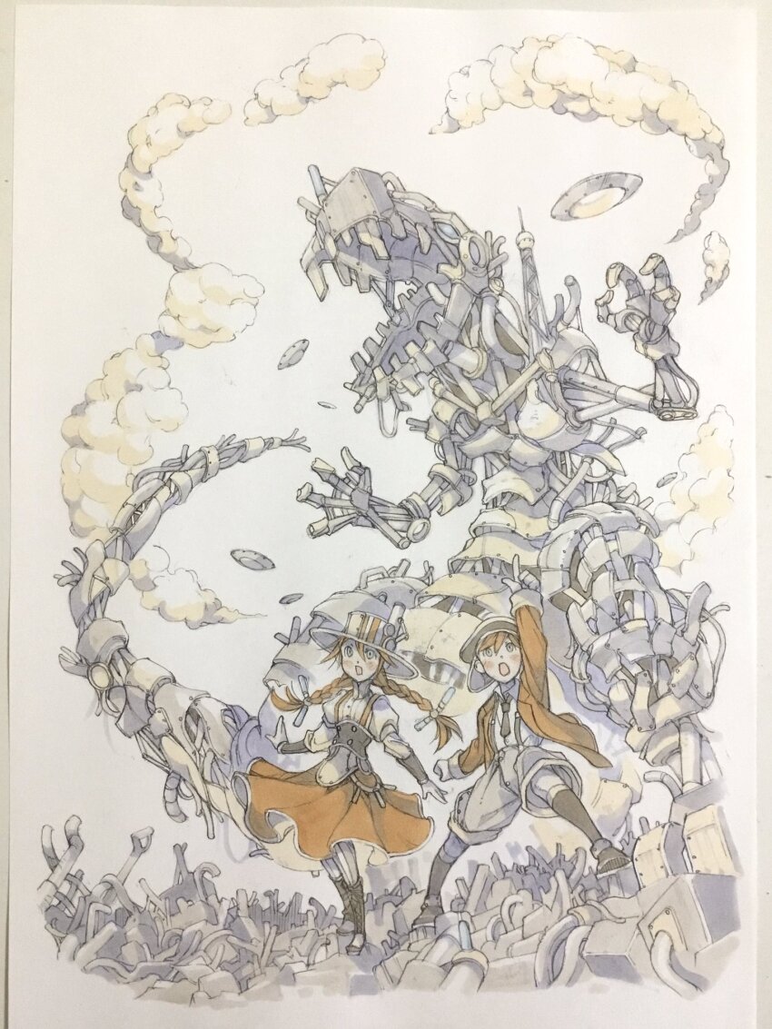 1boy 1girl black_boots black_necktie blue_eyes boots braid brown_boots cloud collared_shirt commentary dinosaur grey_eyes grey_shorts hat highres jacket joints junk junkyard knee_boots long_hair necktie newsboy_cap non-humanoid_robot open_clothes open_jacket open_mouth orange_hair orange_jacket orange_skirt original pantyhose peter_salt pointing pointing_up robot robot_animal robot_joints shirt short_hair shorts sideways_hat skirt smokestack standing steampunk suspender_skirt suspenders top_hat traditional_media twin_braids twintails tyrannosaurus_rex ufo white_pantyhose white_shirt