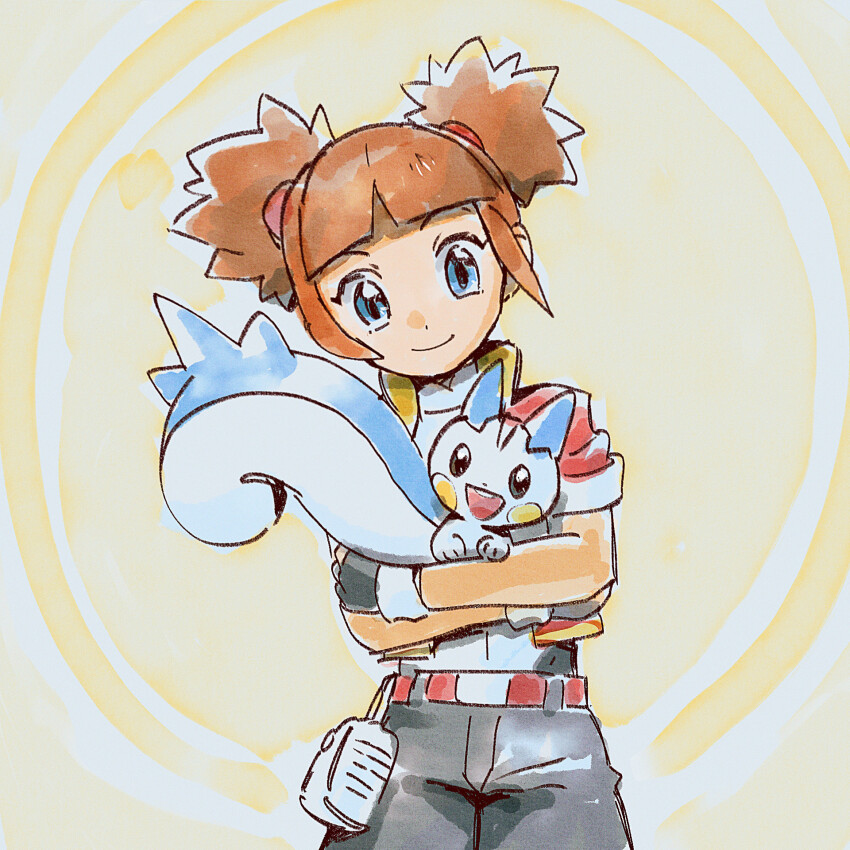 1girl belt belt_buckle blue_eyes blunt_bangs brown_hair buckle closed_mouth commentary double_bun fanny_pack fingerless_gloves gen_4_pokemon gloves go-lurk hair_bun highres holding holding_pokemon jacket kate_(pokemon) looking_down nintendo pachirisu pokemon pokemon_(creature) pokemon_ranger_(series) pokemon_ranger:_shadows_of_almia red_belt red_jacket shirt short_sleeves shorts smile white_bag white_shirt yellow_background