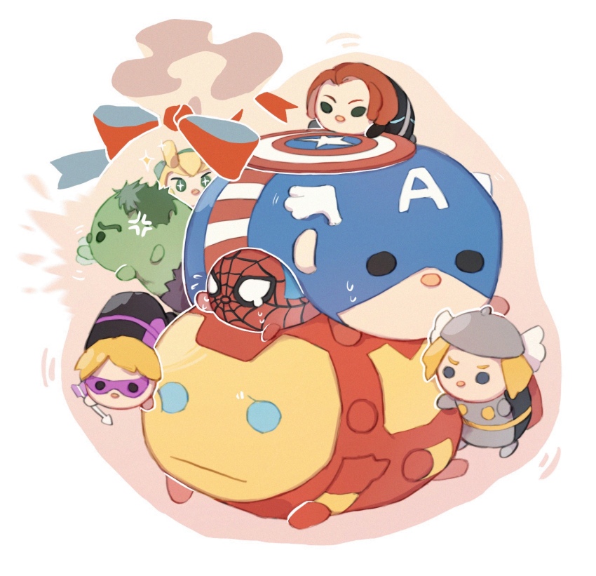+_+ 1girl 6+boys anger_vein angry armor arrow_(projectile) avengers_(series) bag belt black_bodysuit black_widow blonde_hair blue_bodysuit blue_eyes bodysuit bow cape captain_america clint_barton colored_skin fake_horns flying_sweatdrops full_armor goggles green_eyes green_hair green_skin grey_armor hawkeye_(marvel) head_wings helmet highres holding holding_arrow horns hulk iron_man loki_(marvel) looking_at_another marvel multicolored_armor multiple_boys natasha_romanoff power_armor purple-tinted_eyewear purple_belt red_armor red_bodysuit red_bow red_cape red_hair short_hair spider-man spider_web_print steve_rogers superhero_costume sweatdrop thor_(marvel) tinted_eyewear tsum-tsum two-tone_bodysuit wings yellow_armor yizilu699