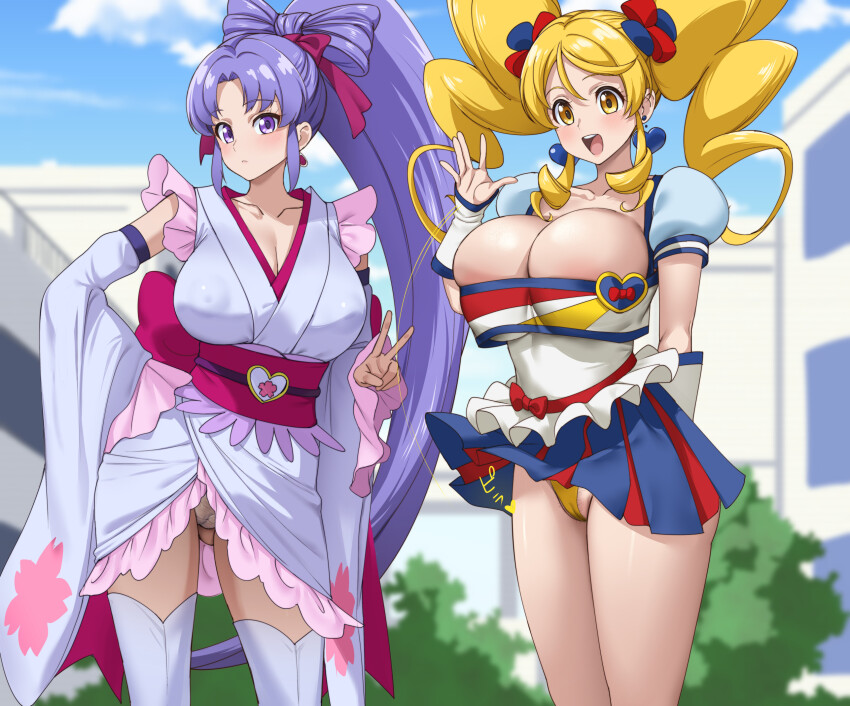 2girls arm_behind_back blonde_hair blue_sky bow breasts building cleavage cloud covered_erect_nipples cure_fortune cure_honey day detached_sleeves earrings fuooooo hair_bow hair_ribbon hand_on_own_hip happinesscharge_precure! highres hikawa_iona japanese_clothes jewelry kimono large_breasts multiple_girls oomori_yuuko open_mouth outdoors paid_reward_available panties ponytail precure pubic_hair purple_eyes purple_hair ribbon skirt sky standing teeth thighhighs twintails underwear upper_teeth_only v white_thighhighs yellow_eyes yellow_panties