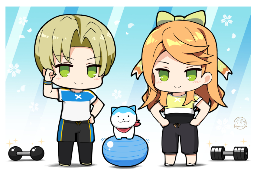 1boy 1girl 1other alfred_(fire_emblem) ball bandana bandana_around_neck black_undershirt blonde_hair blue_fur bow chibi crop_top crop_top_overhang dumbbell etie_(fire_emblem) exercise_ball exercising fire_emblem fire_emblem_engage green_bow green_eyes komurice nintendo orange_hair pants red_bandana sommie_(fire_emblem) sweatpants training_outfit_(fire_emblem_engage) two-tone_fur white_fur workout_clothes